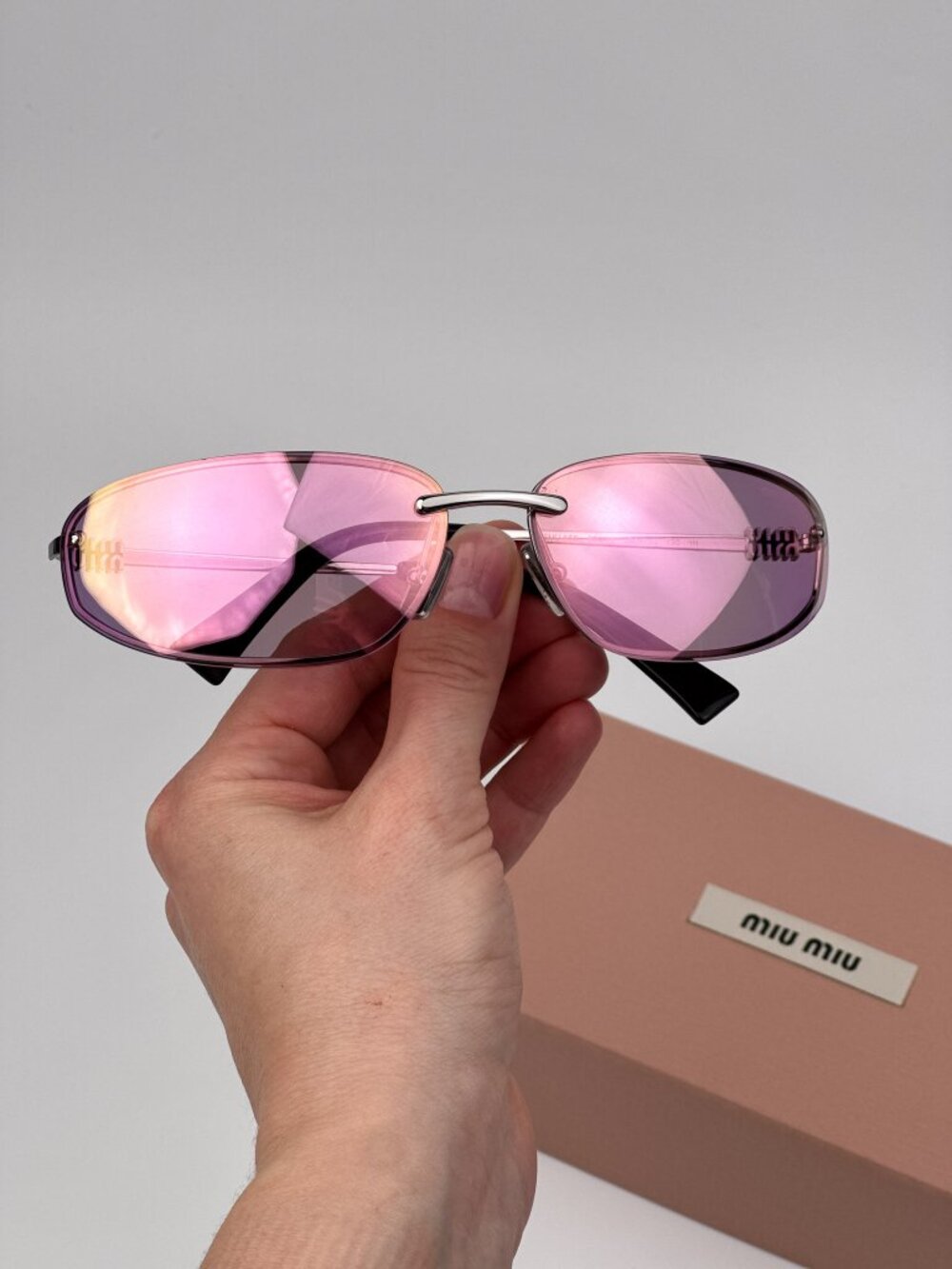 Miu Miu Women’s Sunglasses Silver Pink Wraparound MUA50S 1BC70J New & Authentic